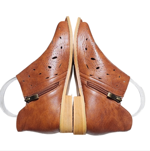 Boutique by Corkys Norwich Cognac Brown Faux Leather Peep Toe Booties Size 8 - Picture 5 of 11